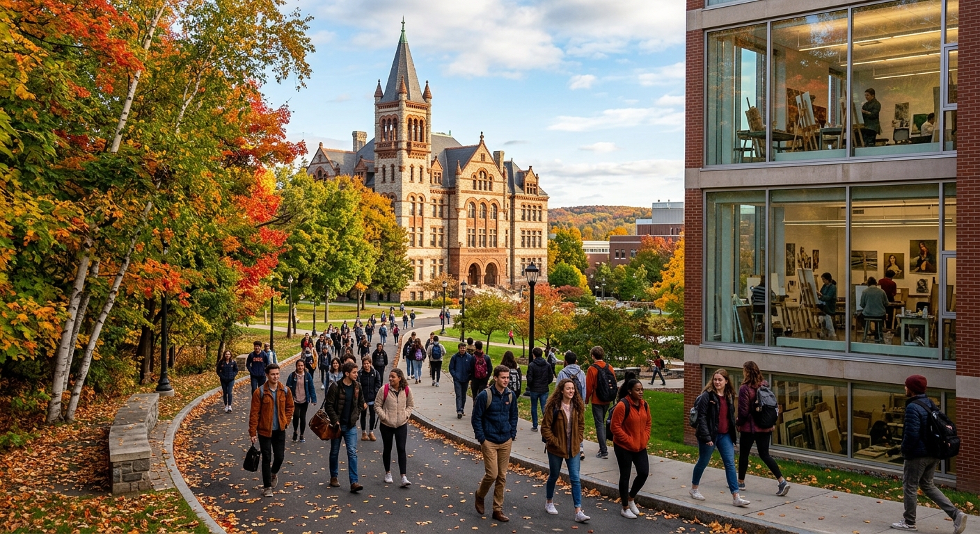 Syracuse University campus with Crouse College historic building, students walking on tree-lined paths, autumn foliage in Syracuse New York, art studios visible through large windows