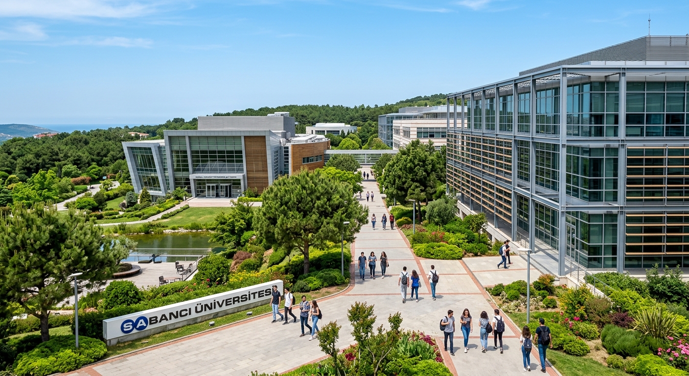 Modern Sabancı University Tuzla campus in Istanbul Turkey, contemporary glass and steel academic buildings surrounded by green landscape, students walking along pathways, clear sky background