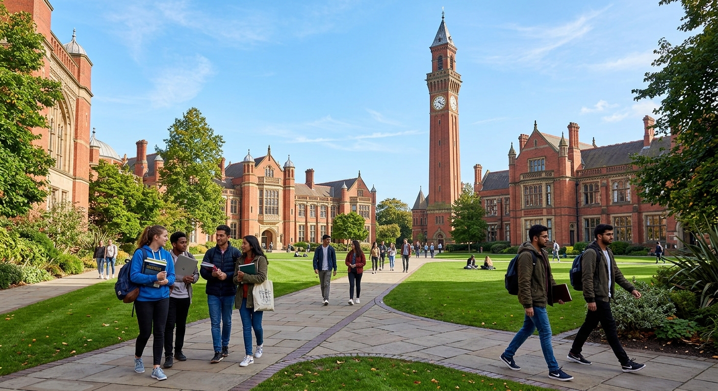 University of Birmingham campus with the iconic Chamberlain Clock Tower (Old Joe) in the background, red-brick buildings surrounded by green lawns, students walking along pathways carrying books and laptops on a sunny day