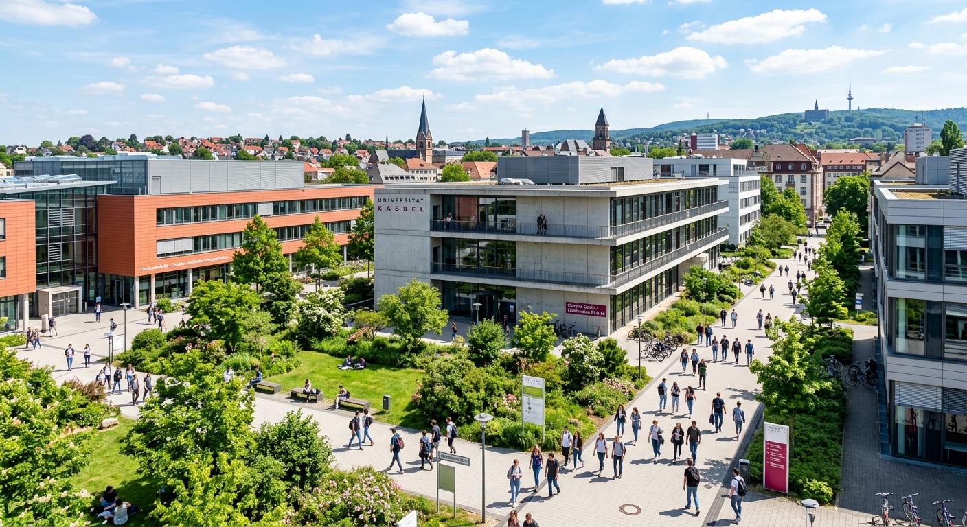 University of Kassel campus at Holländischer Platz with modern faculty buildings, green courtyard, students walking between lecture halls, bright daylight, Kassel cityscape in background