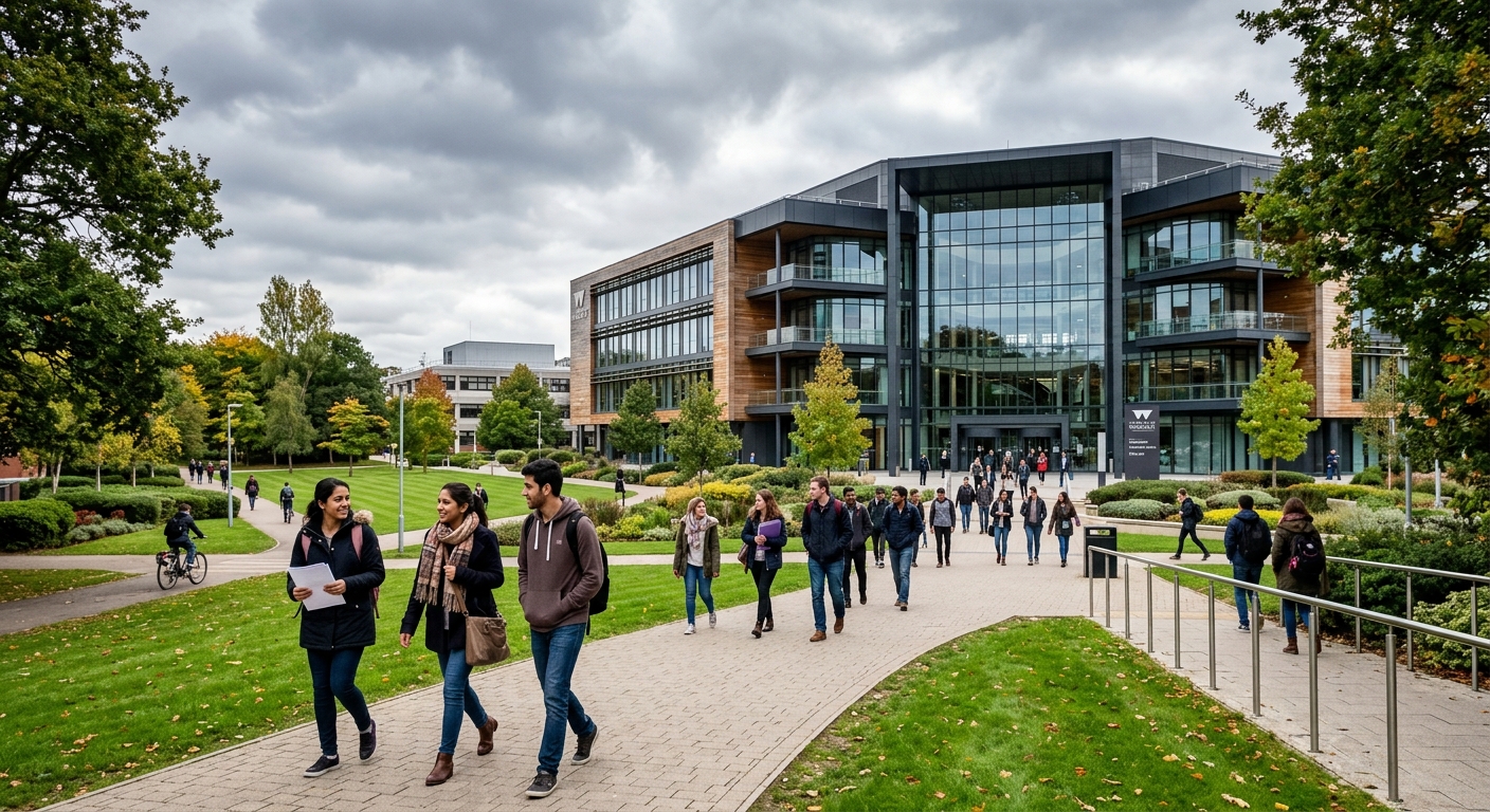 University of Warwick modern campus with contemporary architecture, green parkland, and postgraduate students walking along pathways near the Humanities building, overcast English sky