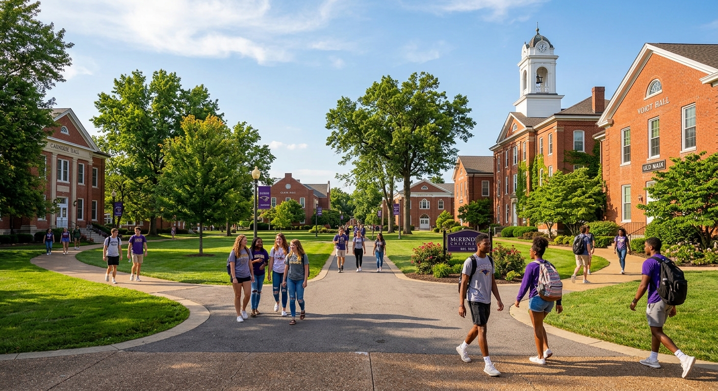McKendree University historic campus in Lebanon Illinois with red brick academic buildings, green lawns, mature trees, and students walking along pathways on a sunny day