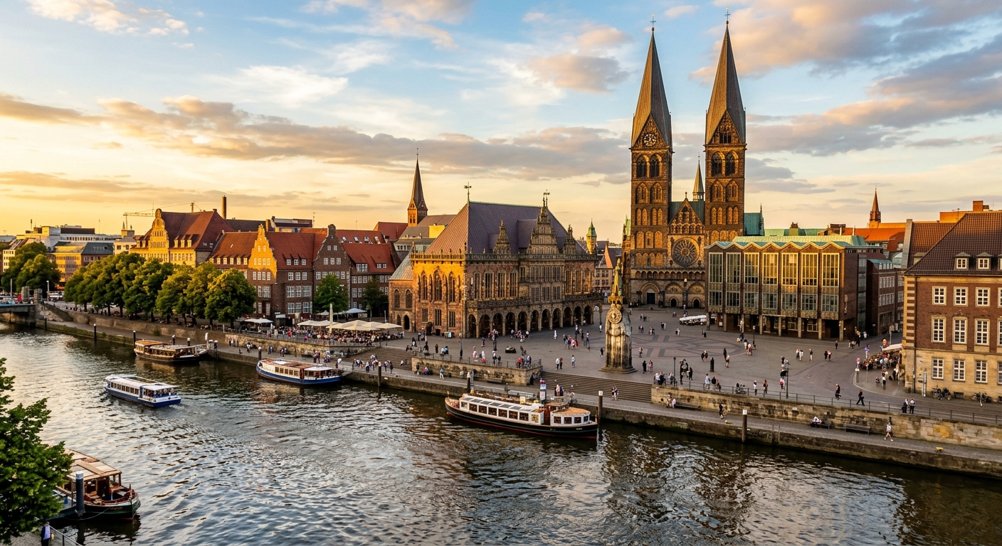 Bremen city skyline featuring the historic Town Hall and Roland statue on the Marktplatz, St. Peter's Cathedral spires, the Weser River in the foreground, traditional Hanseatic architecture, warm golden hour lighting