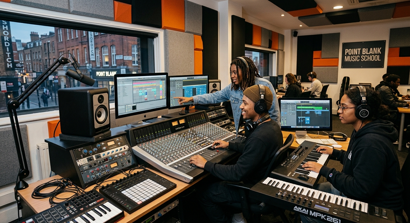 Modern music production studio at Point Blank Music School in Shoreditch London, featuring SSL mixing consoles, Mac workstations with Ableton Live and Logic Pro, acoustic treatment panels, and students collaborating on songwriting projects in a creative professional environment