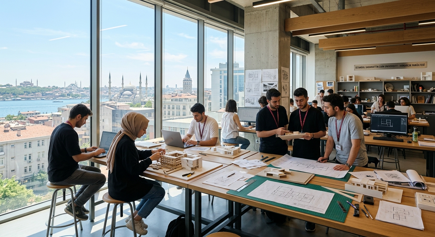 Modern design studio at Istanbul Sabahattin Zaim University with students working on architectural models and drawings, natural light streaming through large windows, Istanbul cityscape visible in background