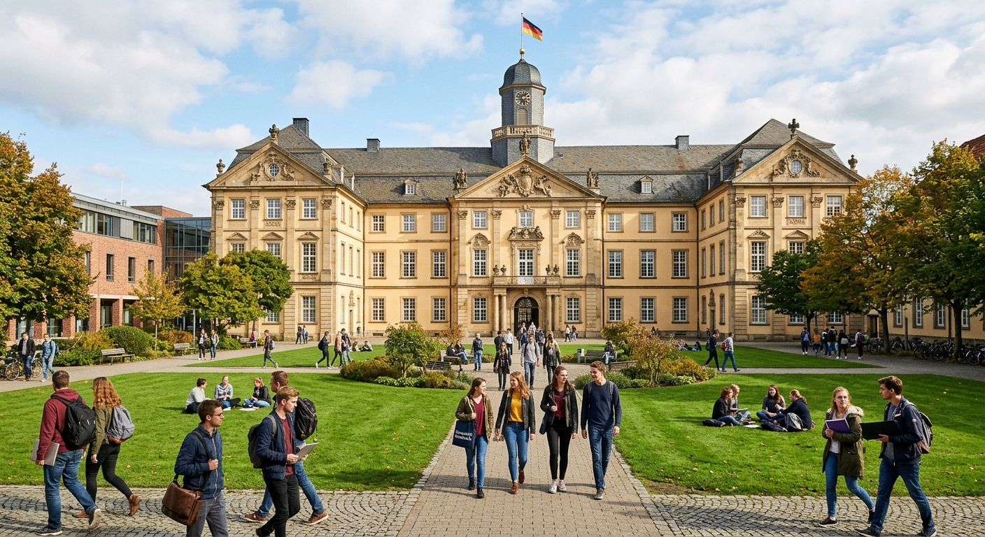 University of Osnabrück baroque castle main building with green courtyard, students walking across campus, historic architecture blending with modern university life in Lower Saxony Germany