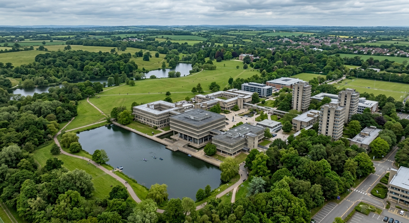 University of Essex Colchester campus aerial view showing Brutalist architecture buildings set within the green parkland of Wivenhoe Park, with lakes and trees surrounding the campus, overcast English sky