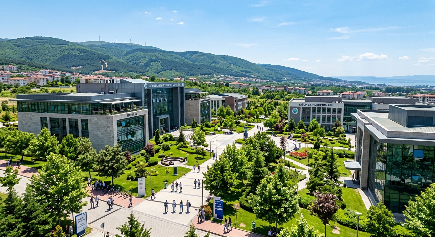 Kocaeli Health and Technology University campus wide shot, modern university buildings surrounded by green landscapes, Marmara region hills in background, clear sky, academic environment