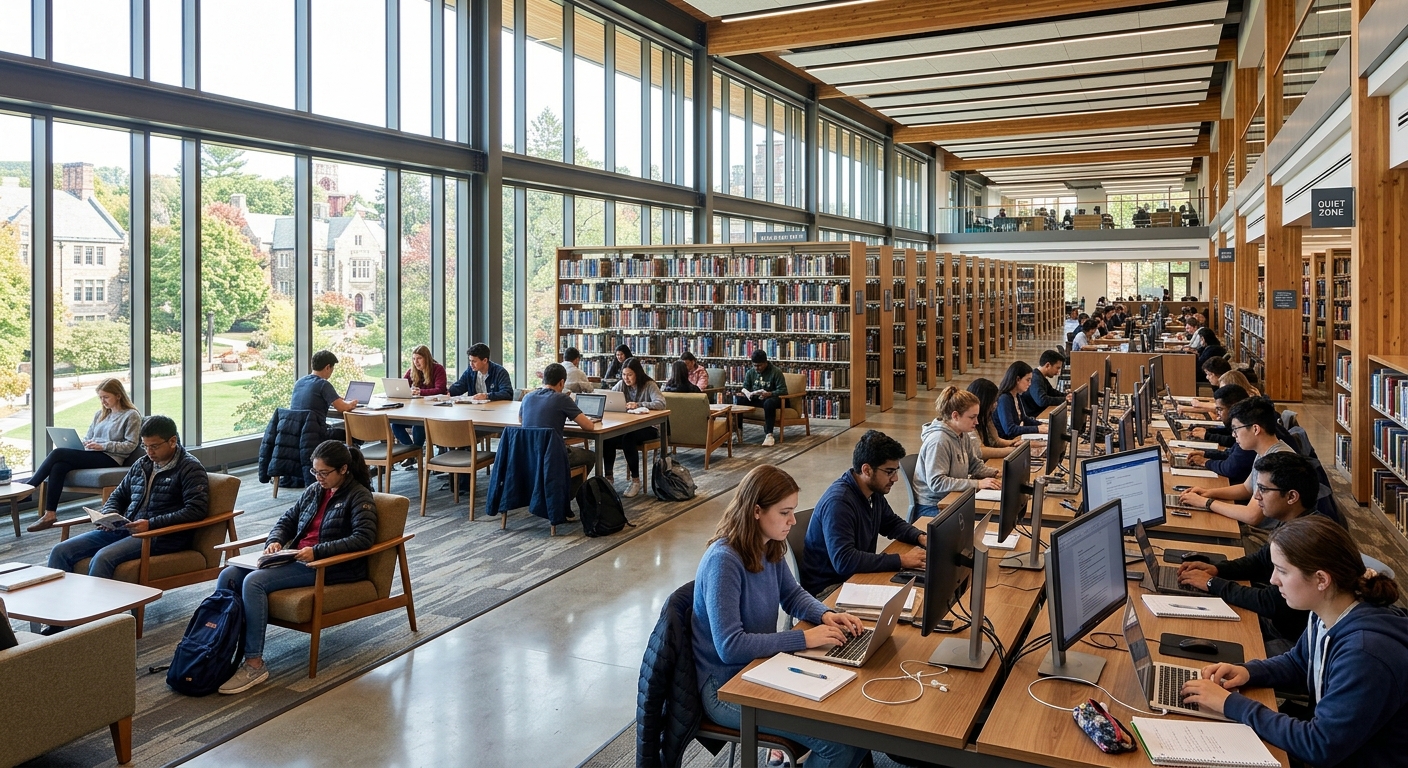 Modern university library interior with rows of bookshelves, students at computer workstations, large windows with natural light, contemporary furniture and quiet study areas
