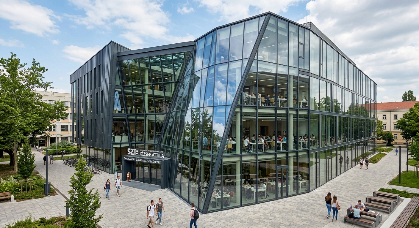 József Attila Study and Information Centre (TIK) modern glass building at the University of Szeged, contemporary architecture with reflective facade, students studying inside, daytime