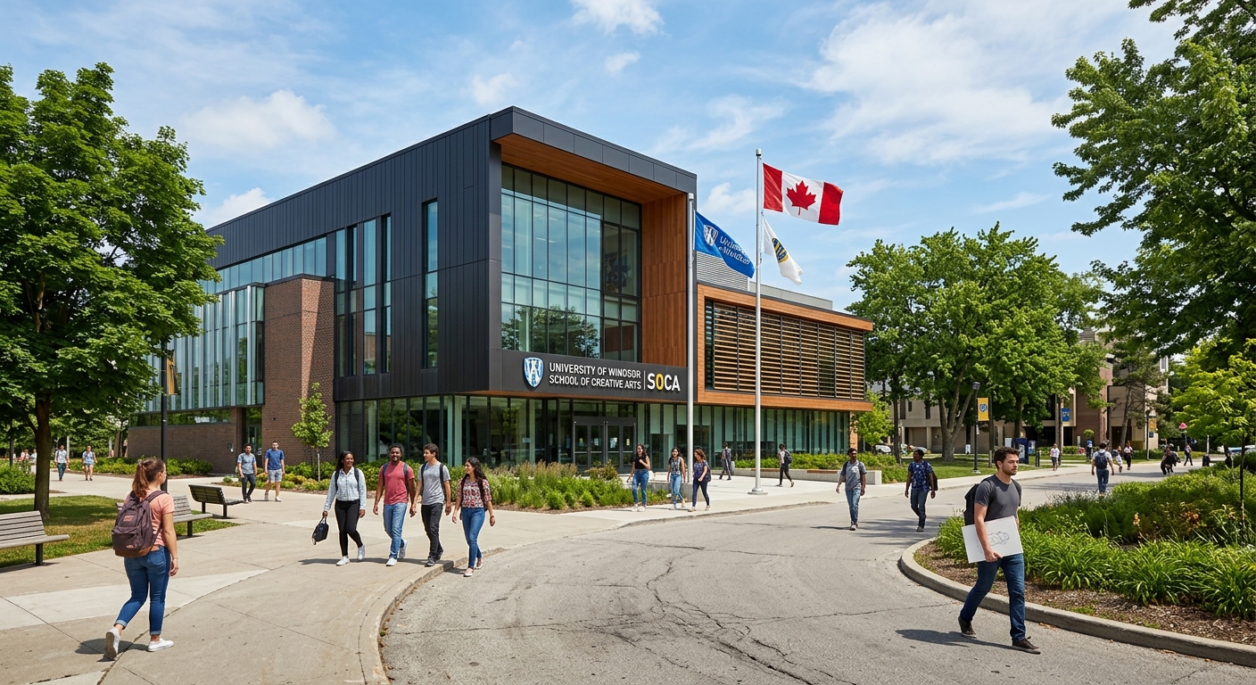 University of Windsor School of Creative Arts building exterior with modern architecture, students walking on campus pathways surrounded by green trees, bright daylight with Canadian flag visible