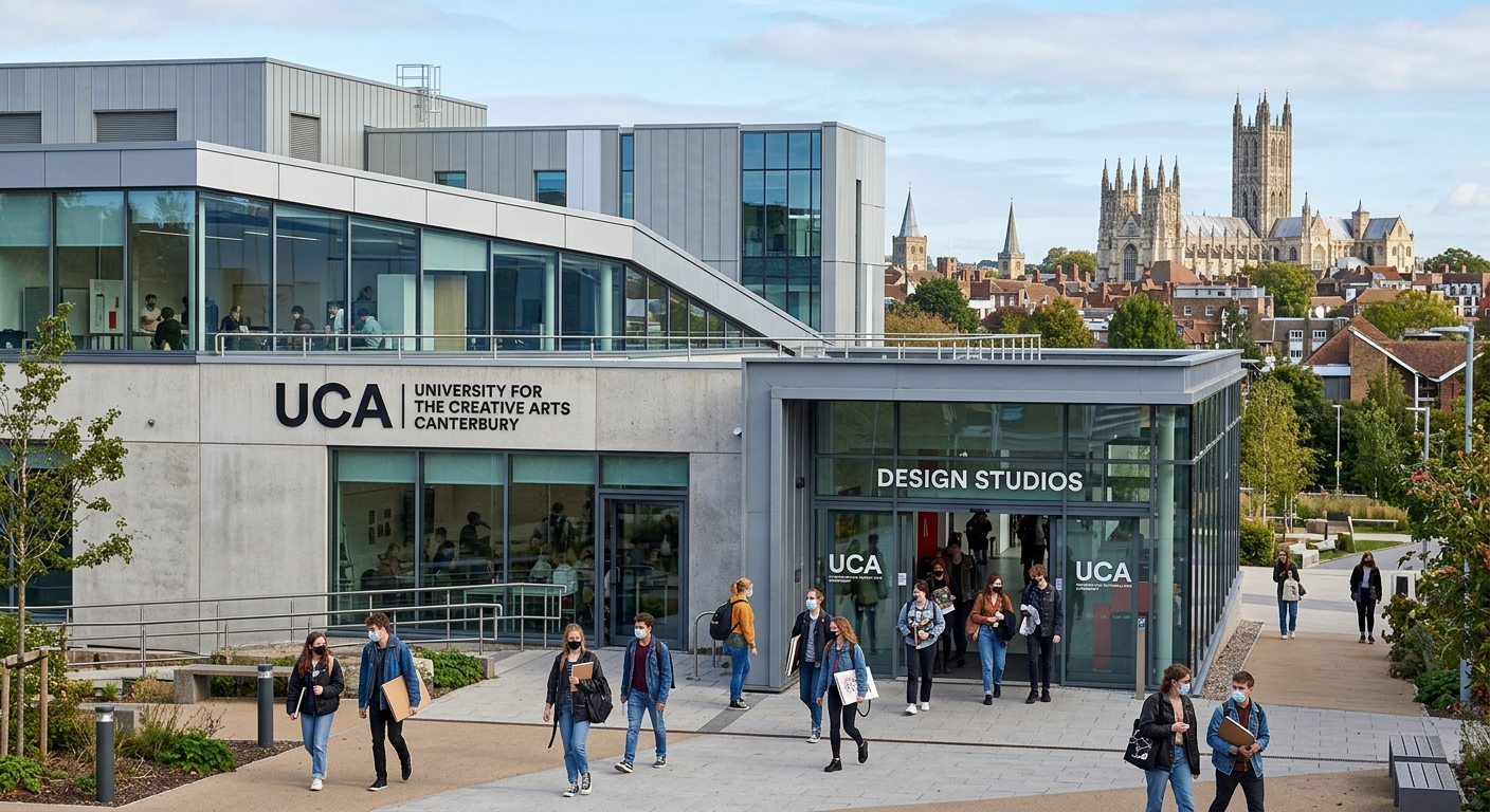 UCA Canterbury campus exterior with contemporary architecture, students entering design studios, historic Canterbury skyline visible in background