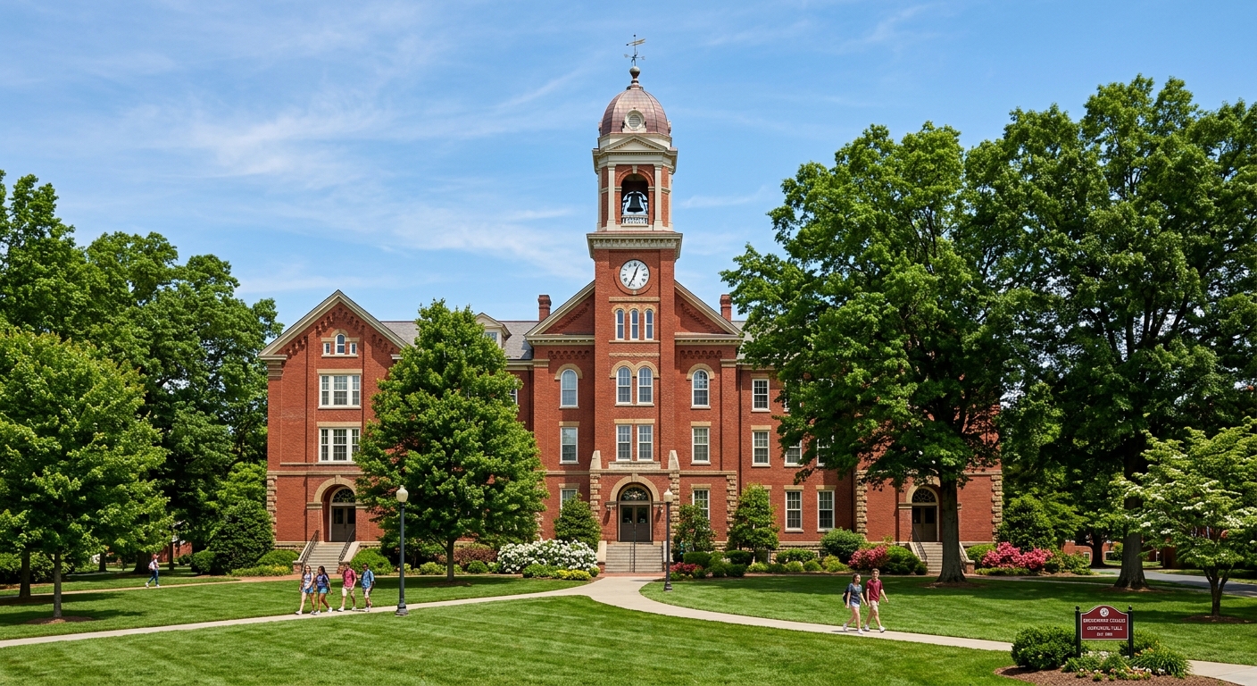 Bridgewater College Memorial Hall, a stately red brick building with a bell tower, surrounded by mature trees and manicured lawns on a sunny day