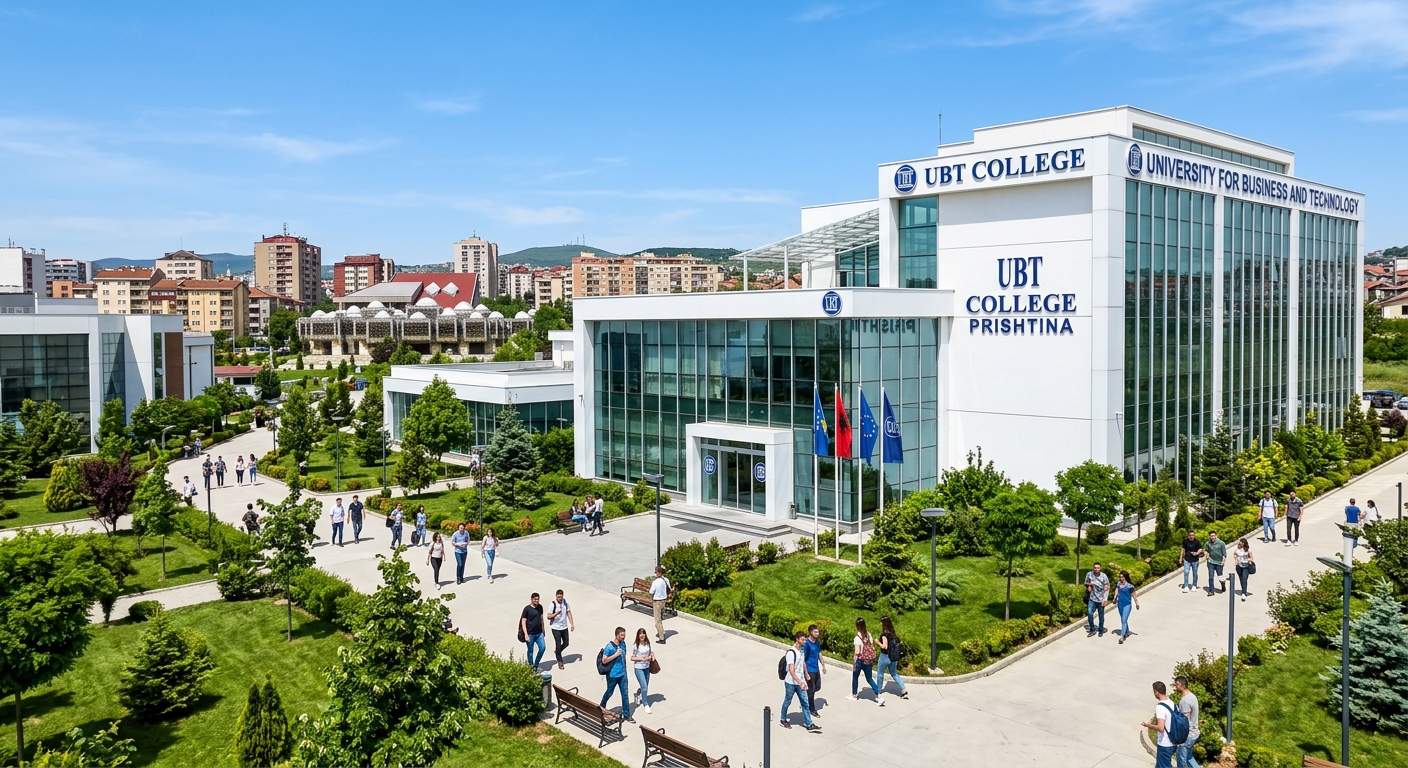 UBT College main campus in Prishtina Kosovo, modern white buildings with glass facades, green landscaped grounds, students walking on pathways, clear blue sky, Balkan architecture in background