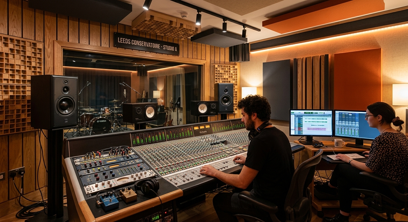 Professional recording studio at Leeds Conservatoire, mixing console, studio monitors, soundproofed room with modern equipment and warm lighting