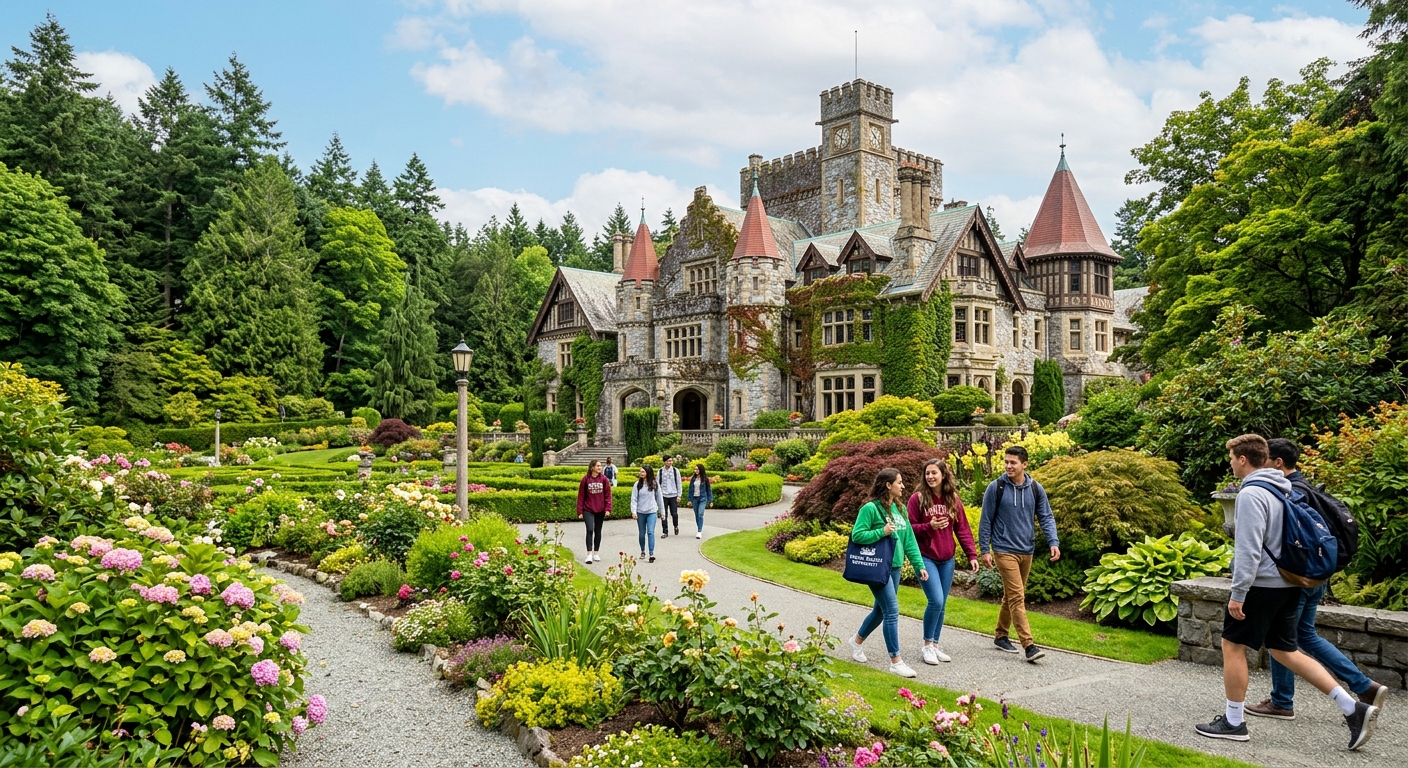 Historic Hatley Castle at Royal Roads University campus surrounded by lush green gardens and Pacific Northwest forests, with students walking along pathways, Colwood British Columbia Canada