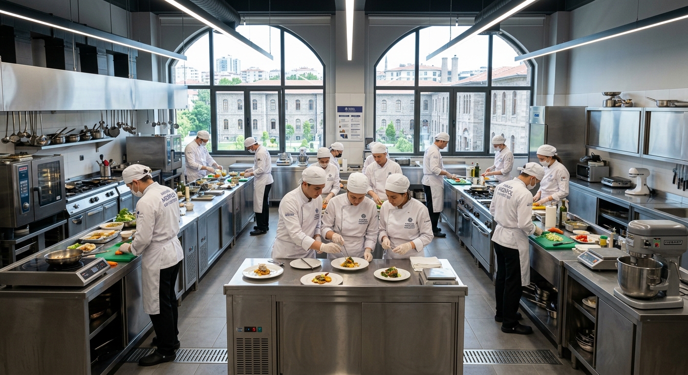 Modern professional kitchen laboratory at Ankara Medipol University with culinary arts students in white chef uniforms preparing dishes, stainless steel equipment, bright lighting, historic Ankara campus building visible through windows