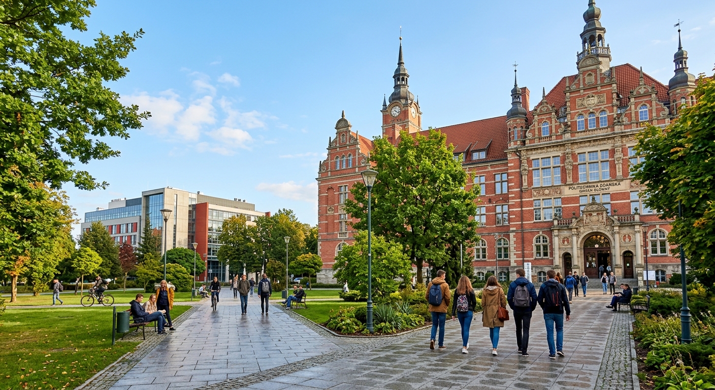 Gdańsk University of Technology historic main building with red brick facade surrounded by green campus trees, students walking along pathways, modern Faculty of Electronics Telecommunications and Informatics building visible in background, sunny day in Gdańsk Poland