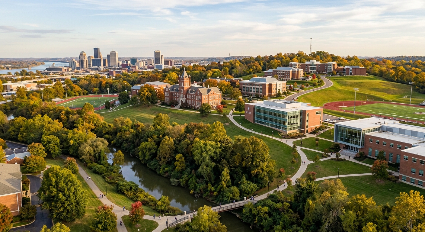 Bellarmine University campus wide shot showing rolling green hills, historic Pasteur Hall, modern academic buildings, Beargrass Creek flowing through tree-lined grounds, Louisville Kentucky skyline in background, warm afternoon light