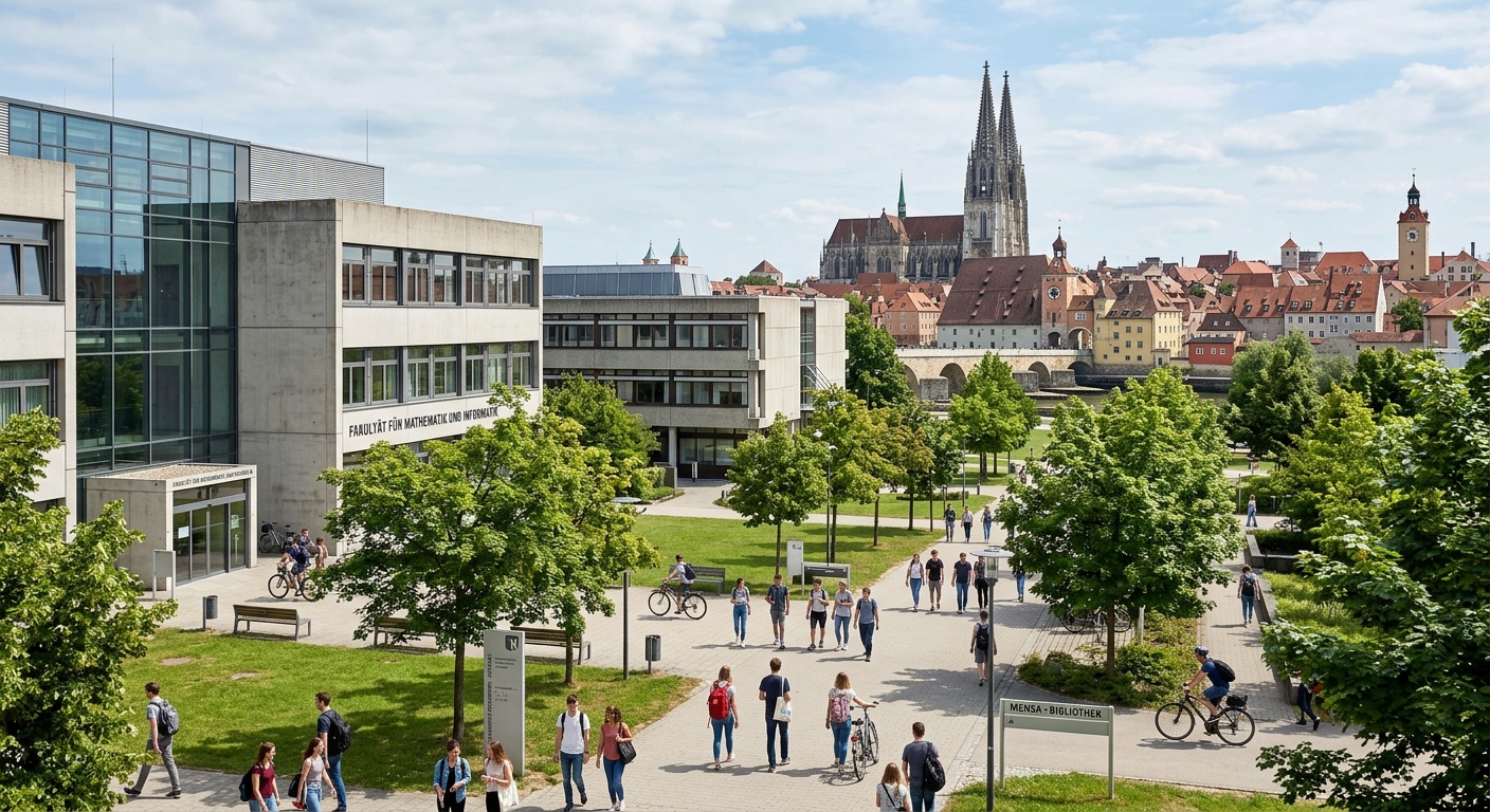 University of Regensburg campus with modern faculty buildings, green courtyards, and students walking along tree-lined pathways in Bavaria, Germany, with medieval Regensburg cityscape in the background