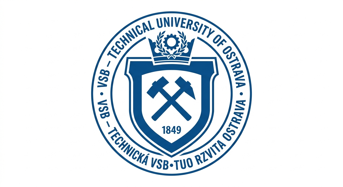 VSB Technical University of Ostrava official logo, blue and white shield emblem with mining symbols and university text