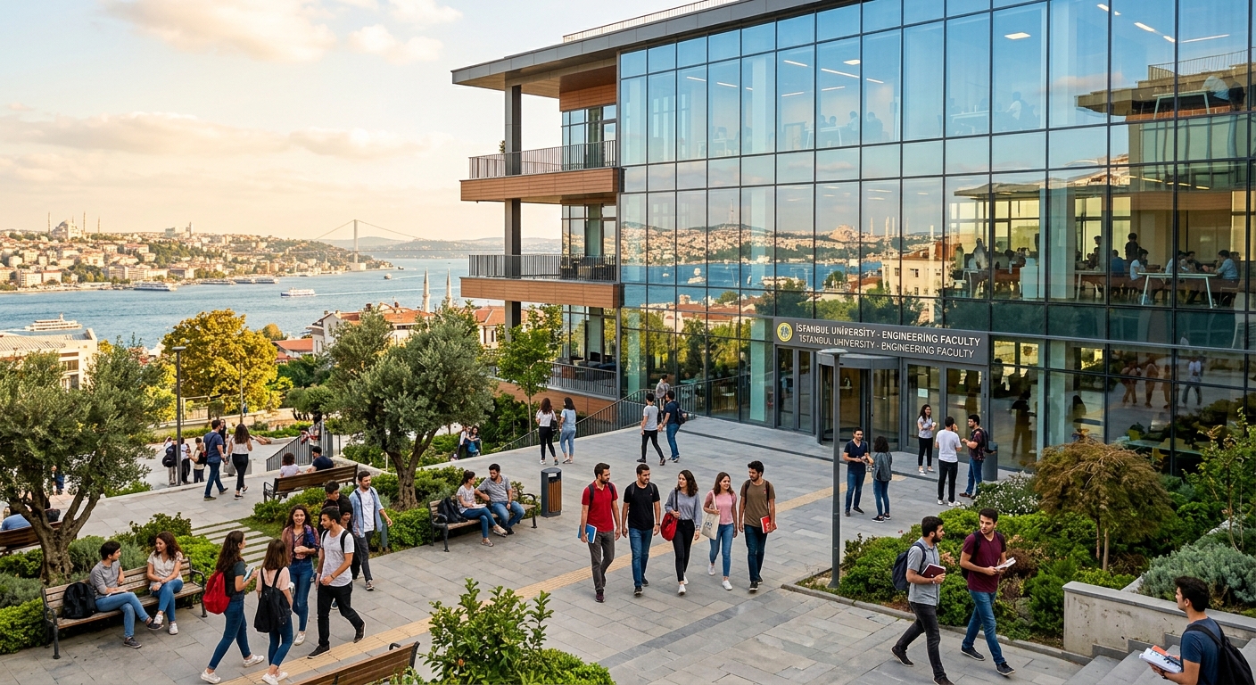 Modern university campus building in Istanbul Turkey with glass facade, students walking through courtyard, Bosphorus cityscape visible in background, warm sunlight, professional academic atmosphere
