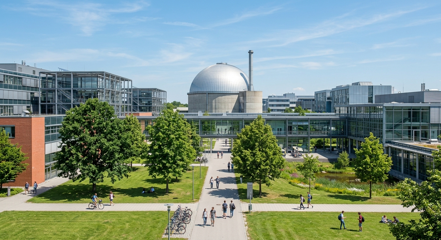 TUM Garching campus modern research buildings, glass and steel architecture, wide open green spaces, Forschungszentrum research neutron source dome visible, sunny day