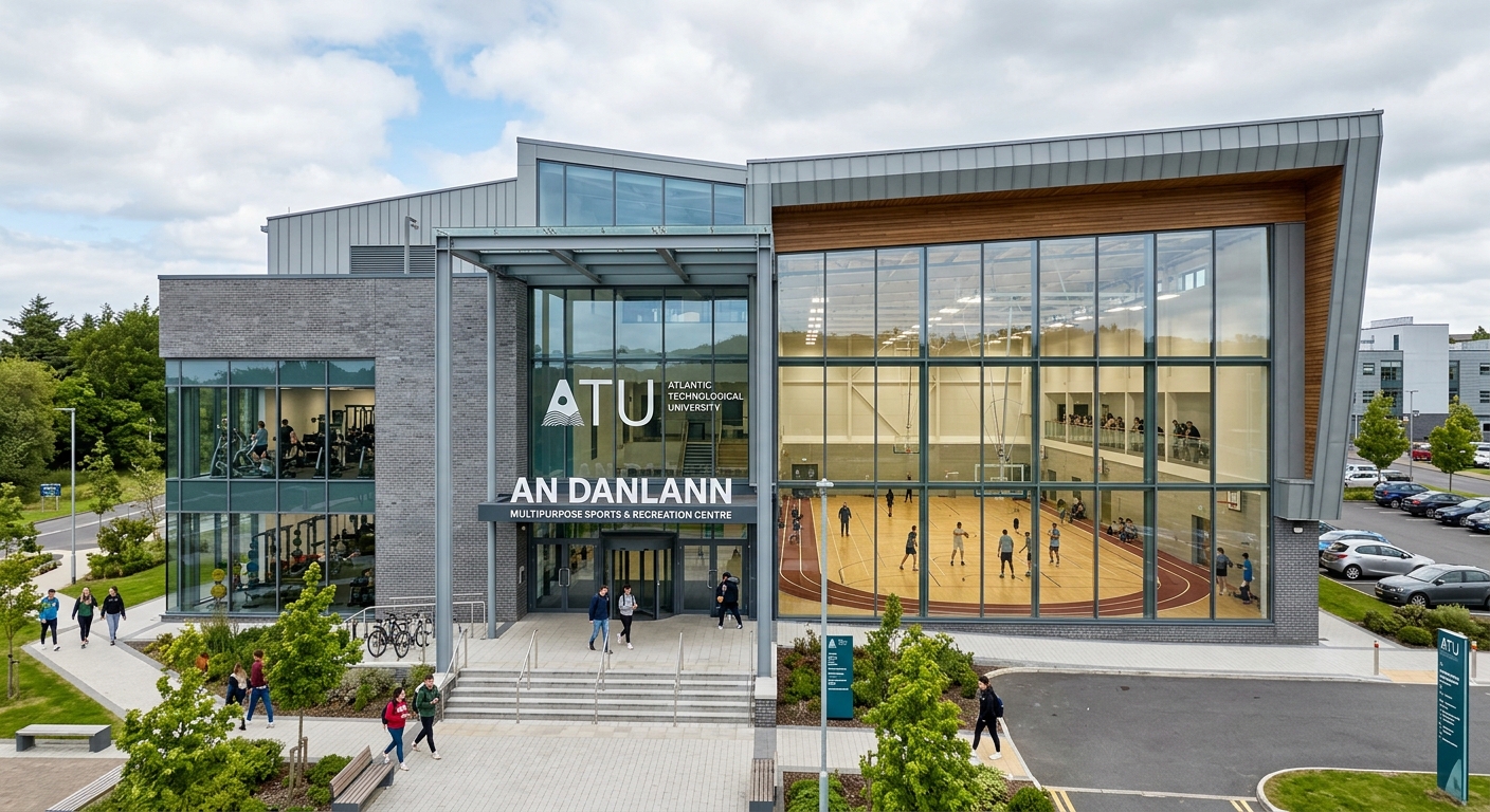 An Danlann multipurpose sports and recreation centre at LYIT, modern building with large entrance, athletic facilities visible through windows