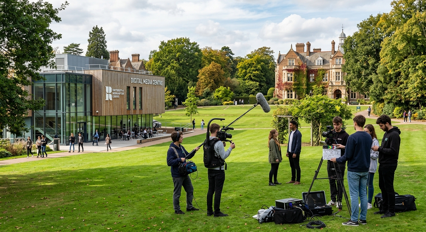 University of Roehampton campus in southwest London with modern digital media centre, students filming on parkland grounds surrounded by trees and historic buildings, film production equipment visible