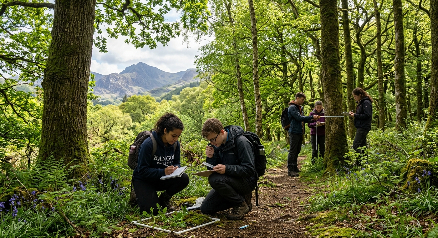 Lush green forest landscape in North Wales near Bangor University, students conducting field research among ancient woodland with Snowdonia mountains visible in the background, natural daylight filtering through canopy