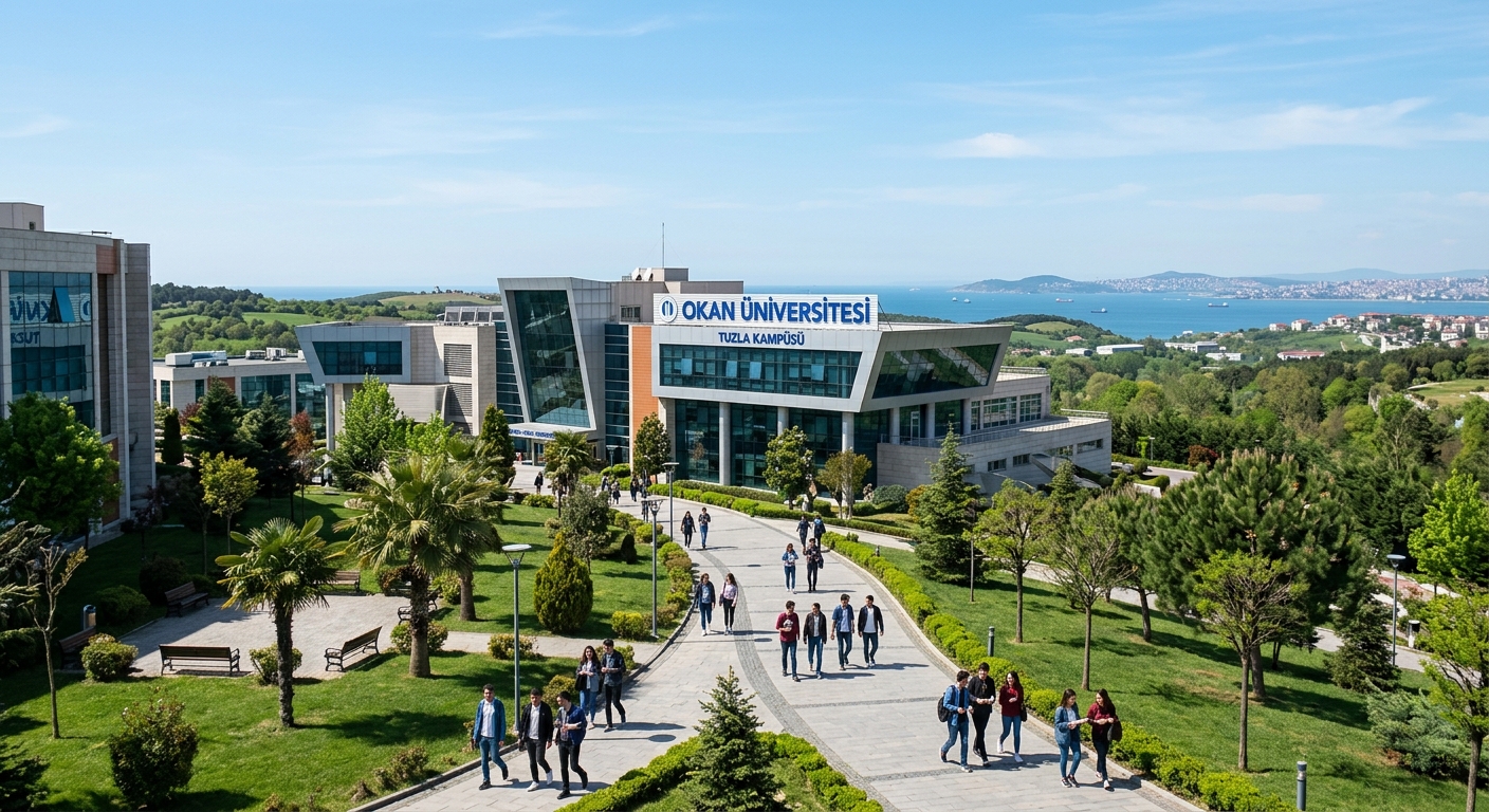 Istanbul Okan University Tuzla campus modern building exterior with green landscaping, students walking along pathways, clear sky over the Asian side of Istanbul