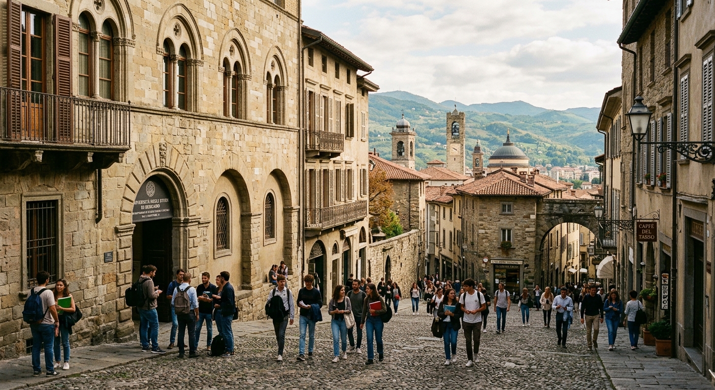 Historic medieval upper city of Bergamo with University of Bergamo humanities campus, stone buildings with arched windows, Italian architecture, students walking through cobblestone streets, Lombardy hills in background