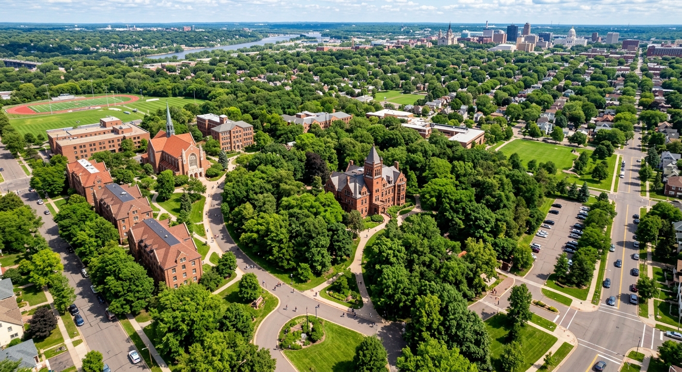 Aerial view of St. Catherine University campus in Highland Park neighborhood of Saint Paul Minnesota, historic Derham Hall building surrounded by lush green trees, walking paths, and wooded 110-acre campus with residential halls and chapel visible