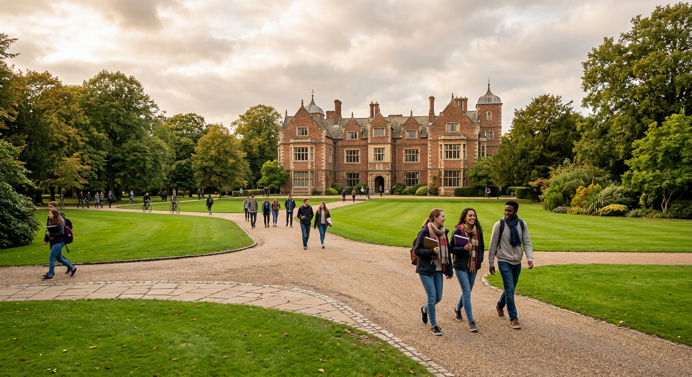 Historic University of York campus with Heslington Hall in the background, green lawns and mature trees, students walking along pathways, overcast English sky with warm light