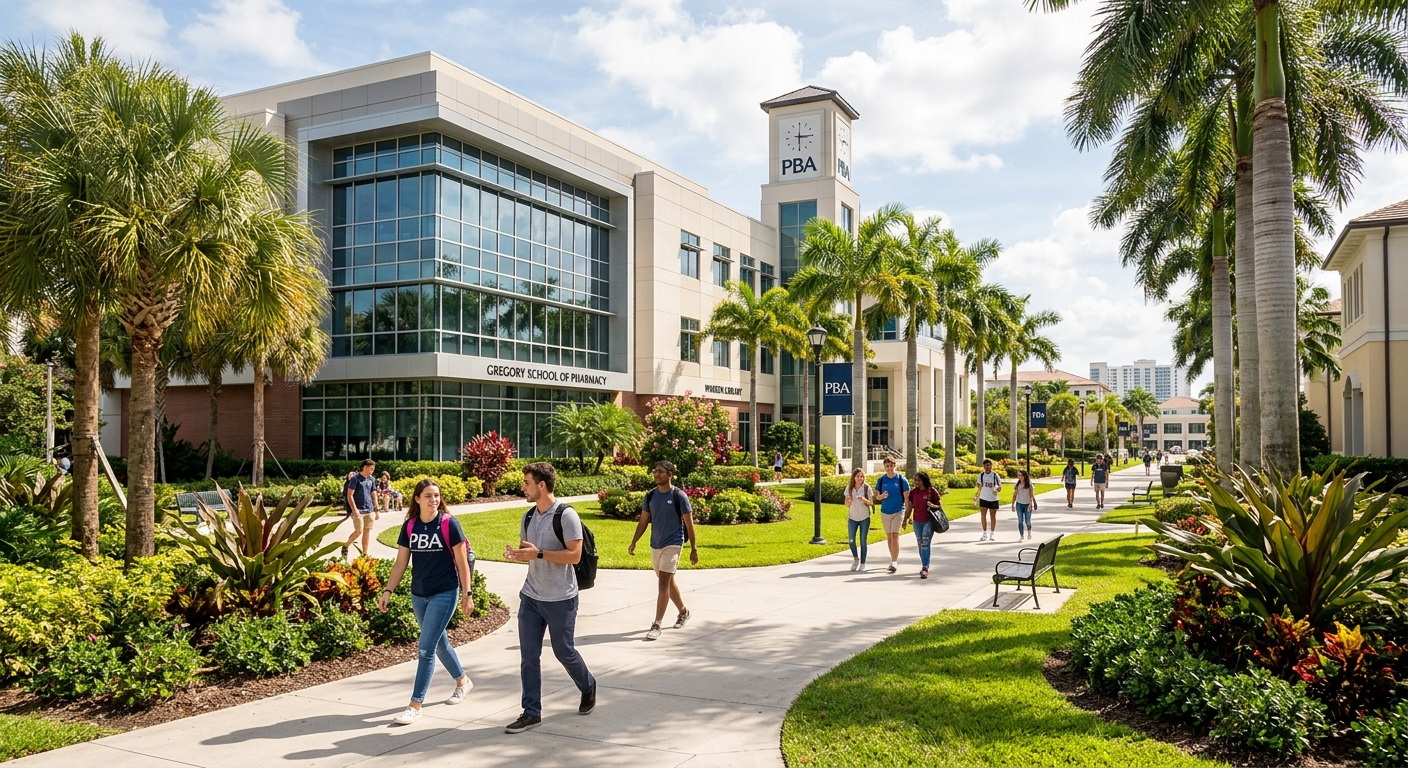 Palm Beach Atlantic University campus in West Palm Beach Florida with palm trees, modern science building, and students walking along sunlit pathways near tropical landscaping