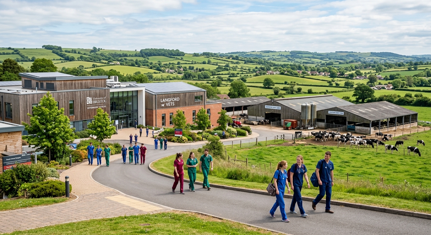 University of Bristol Veterinary School campus at Langford showing modern clinical facilities, dairy farm buildings, and green rolling hills of the Somerset countryside with veterinary students in scrubs walking between buildings