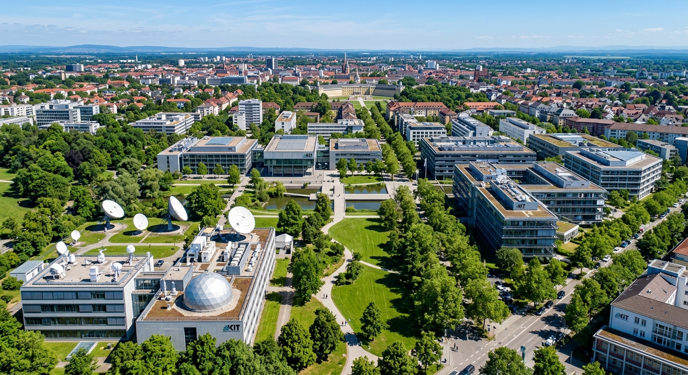 Aerial view of Karlsruhe Institute of Technology campus with modern research buildings surrounded by green parklands, satellite dishes and geodetic instruments visible, clear blue sky over Karlsruhe cityscape