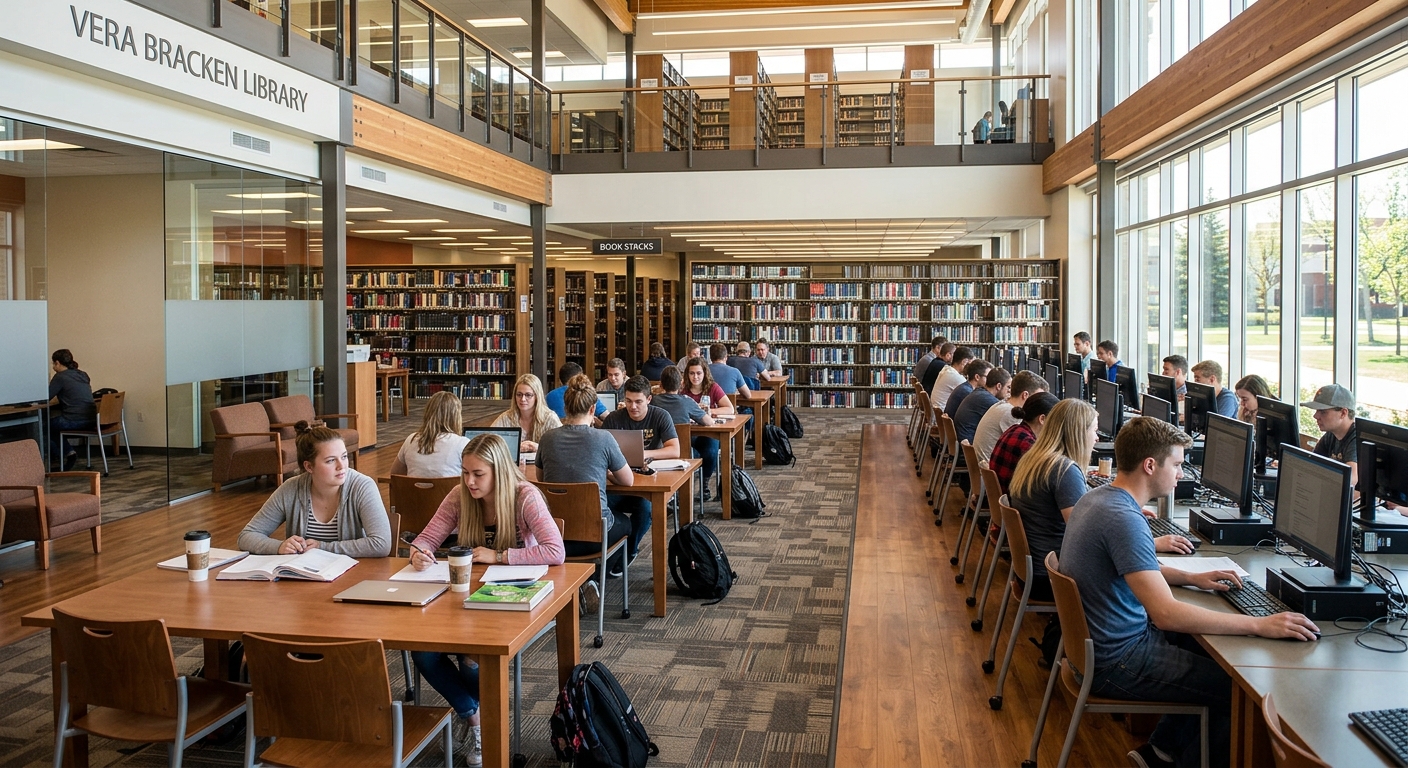 Vera Bracken Library interior at Medicine Hat College, students studying at tables, bookshelves and computer stations, bright natural lighting