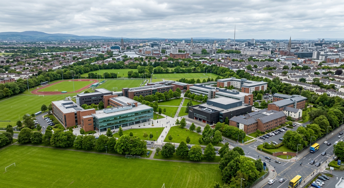 Dublin City University Glasnevin campus wide aerial view, modern low-rise buildings set in green parkland, Dublin cityscape in background, overcast Irish sky with soft light
