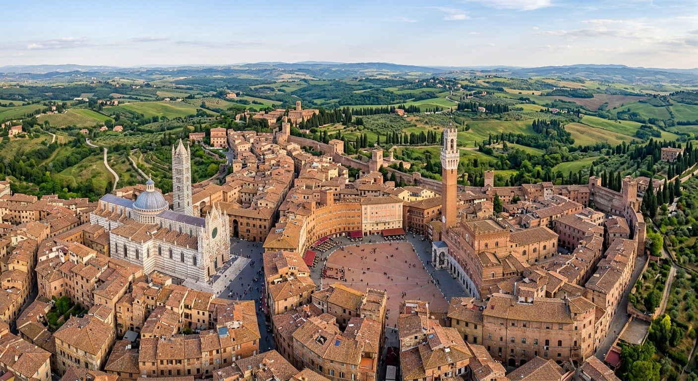 Aerial view of Siena Italy showing the iconic Piazza del Campo shell-shaped square, the Duomo cathedral with its striped marble facade, terracotta rooftops, and surrounding Tuscan countryside with rolling green hills and cypress trees