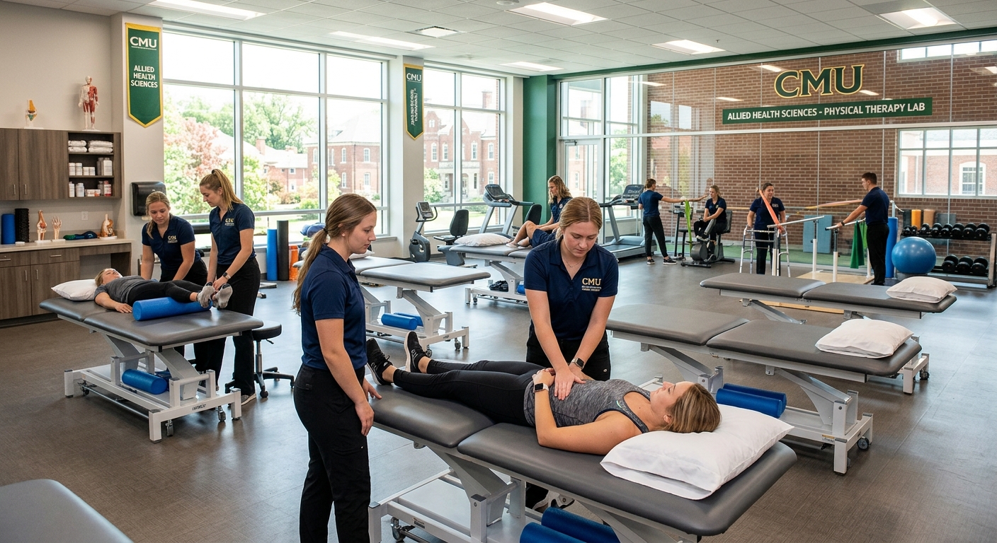 Central Methodist University Fayette campus allied health building with students in physical therapy lab practicing rehabilitation techniques, modern clinical equipment visible, bright and professional educational setting