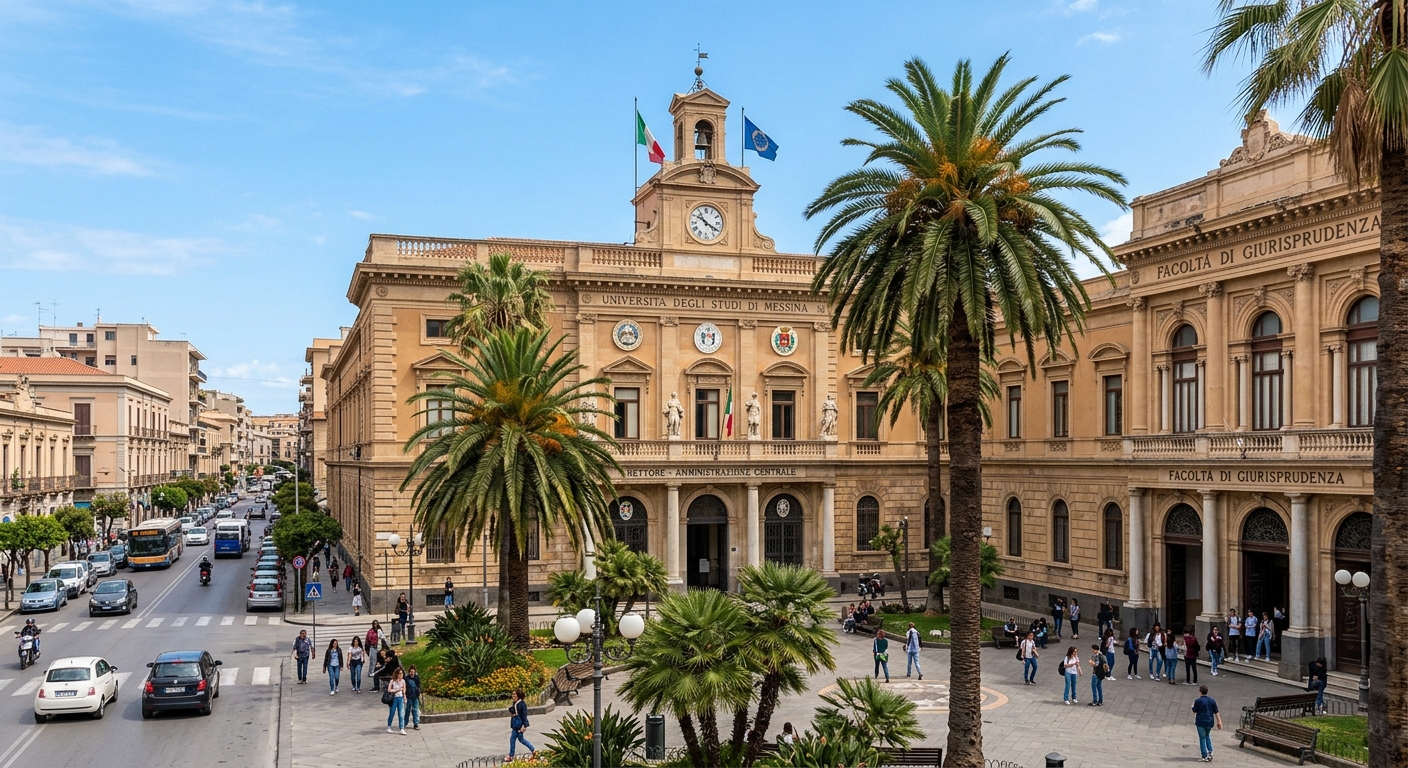 Polo Centrale campus of the University of Messina, historic administrative buildings and Faculty of Law in the heart of Messina city center, Mediterranean architecture with palm trees