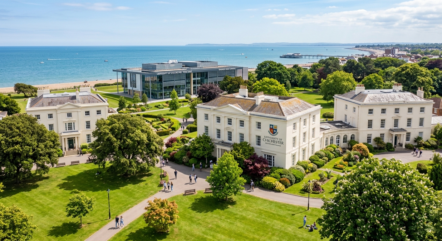 Bognor Regis Campus of University of Chichester, elegant Georgian mansion houses surrounded by green parkland, modern Tech Park building in background, coastal setting