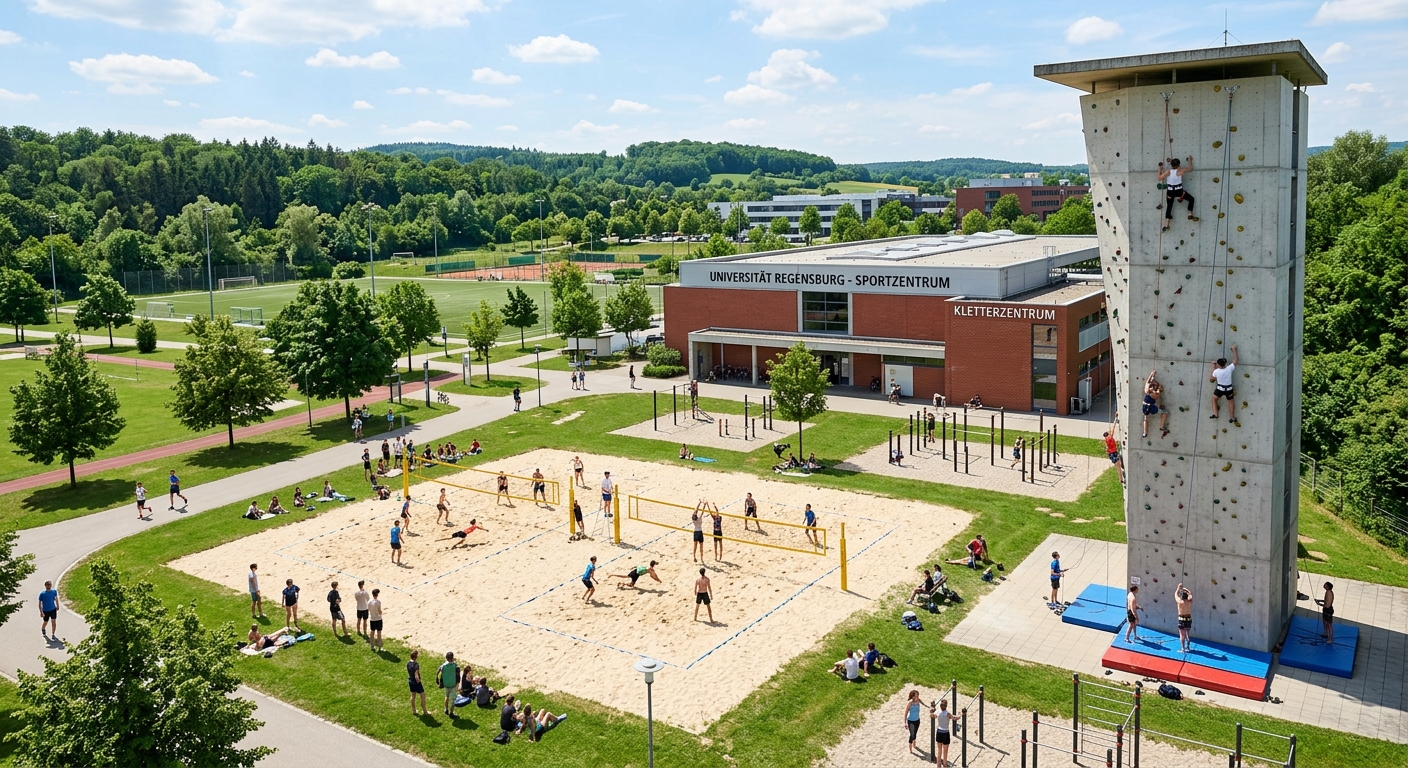 University of Regensburg sports center with outdoor beach volleyball courts, climbing wall tower, students exercising, green surroundings, sunny day