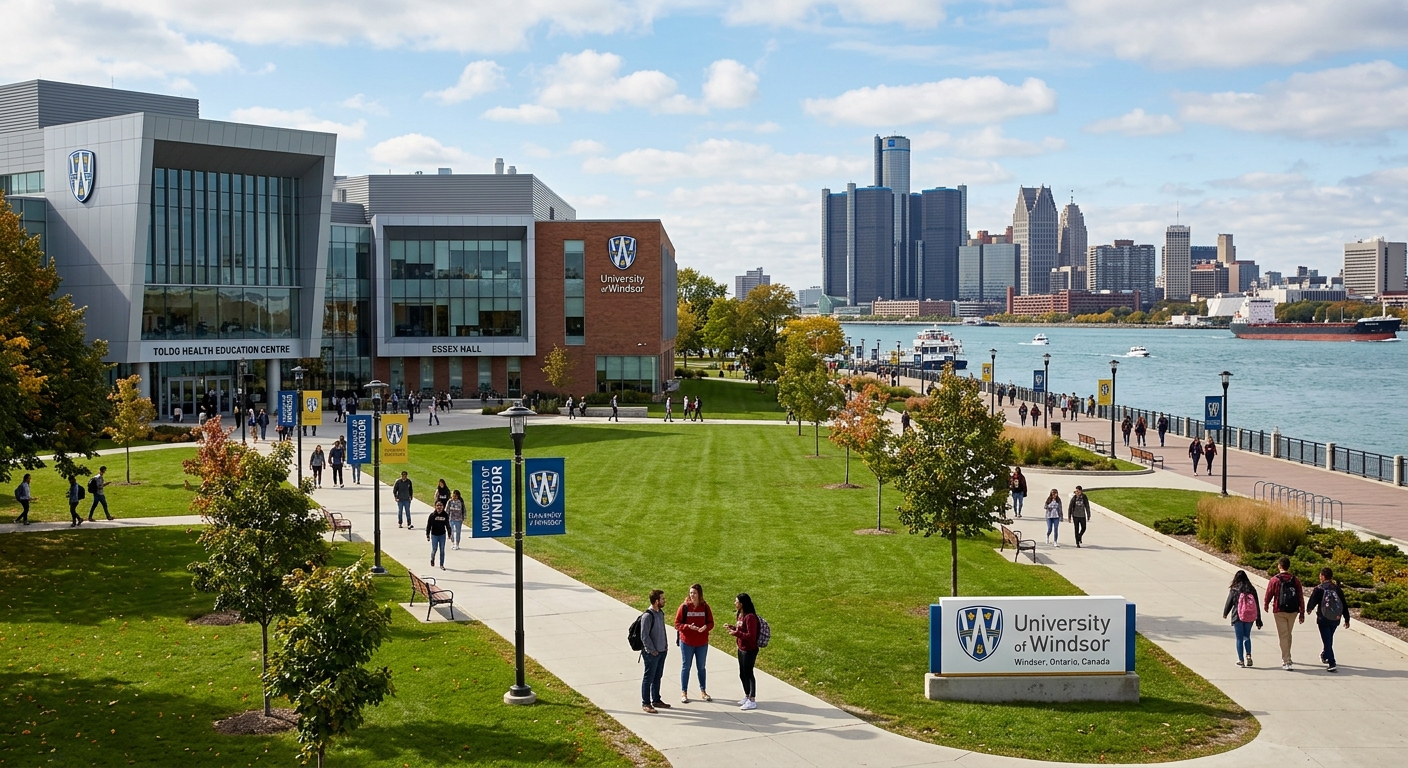 University of Windsor campus with modern academic buildings, green lawns, and students walking along pathways near the Detroit River waterfront in Windsor, Ontario, Canada
