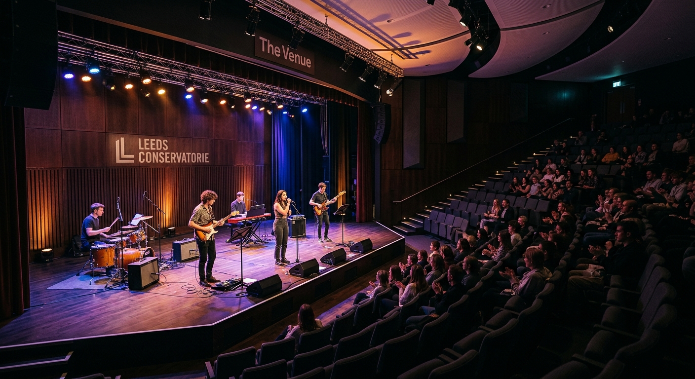 The Venue concert hall interior at Leeds Conservatoire, 350-seat auditorium with raked seating, professional stage lighting, students performing on stage