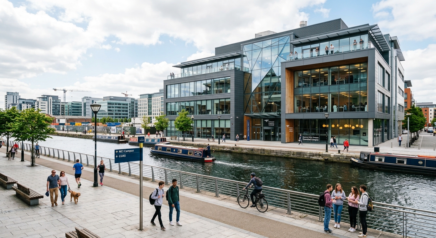 NCI Spencer Dock campus extension, contemporary building exterior, Dublin canal waterfront, modern urban setting with pedestrians