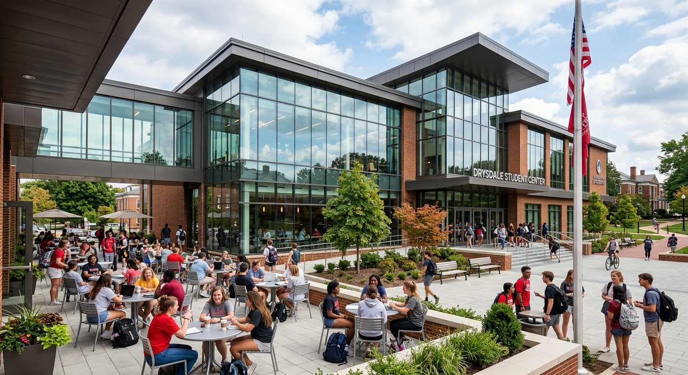 Modern Drysdale Student Center at University of Lynchburg, a large contemporary building with glass facades and outdoor seating areas where students gather