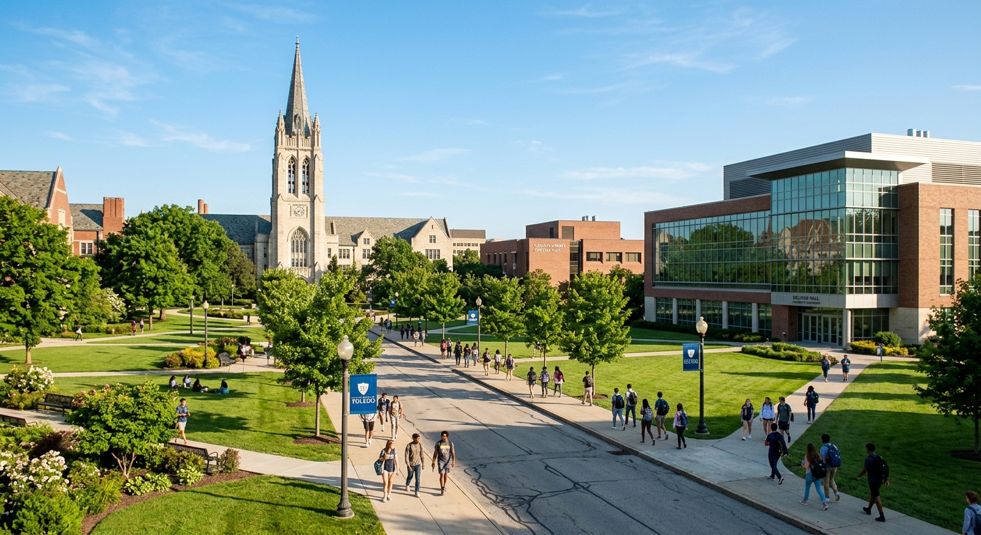 University of Toledo campus with modern academic buildings, green lawns, and students walking along tree-lined pathways in Toledo, Ohio, with the university's distinctive architecture visible under a clear sky