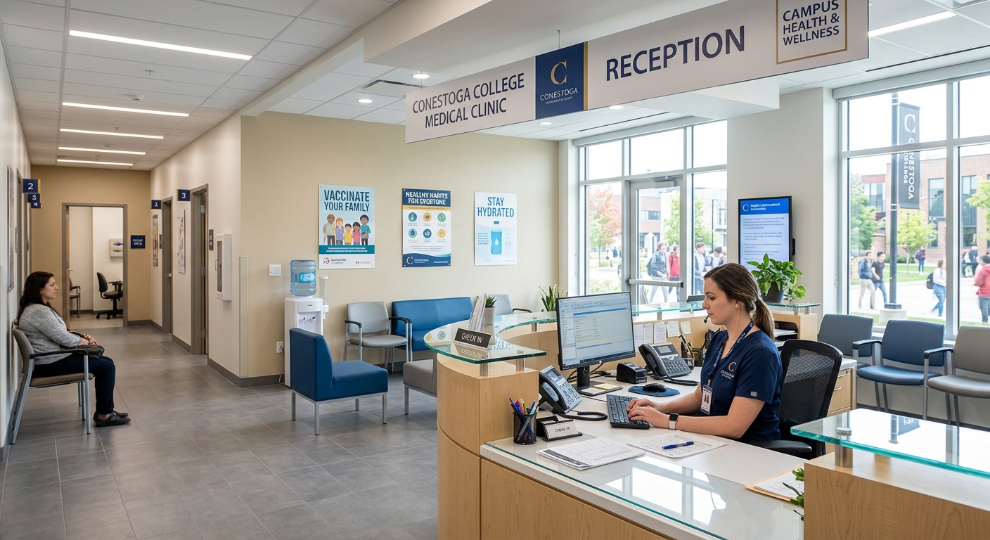 Modern medical office reception area with a professional administrator working at a computer, health care posters on walls, bright and clean clinical environment at Conestoga College campus in Ontario, Canada